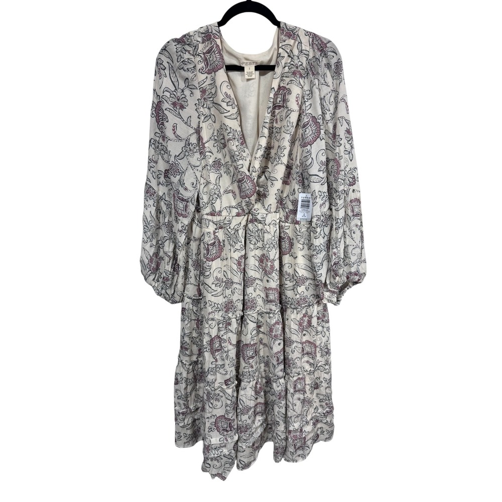 Torrid Women's 3X Ivory Maxi Dress Festi V Neck Jacobean Floral Long Sleeve New - Picture 3 of 7